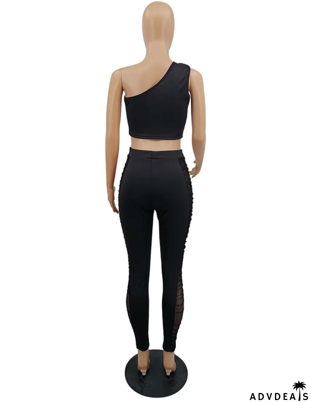 Autumn Black Mesh Patch Tight One Shoulder Crop Top and High Waist Pants 2PC Set