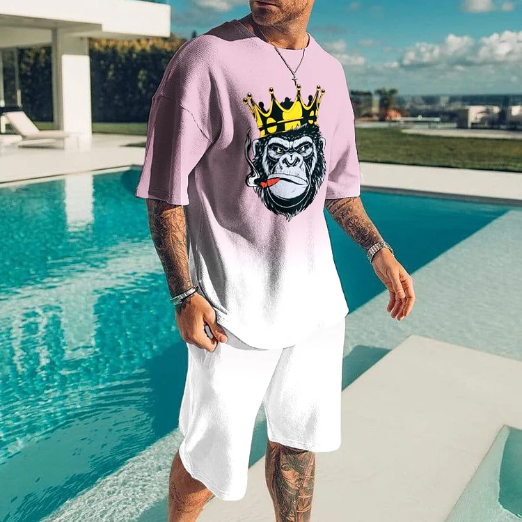 Pink Gradient Gorilla T-Shirt And Shorts Two-Piece Set