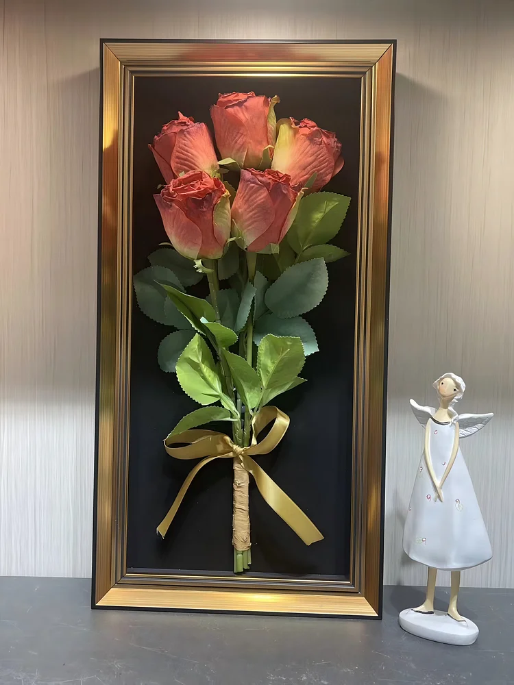 Elegant Pink Roses in Gold Framed Display（Size:9 in*18 in）