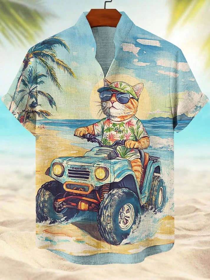 Men's Beach Driving Off-Road Vacation Cat Print Short Sleeve Shirt