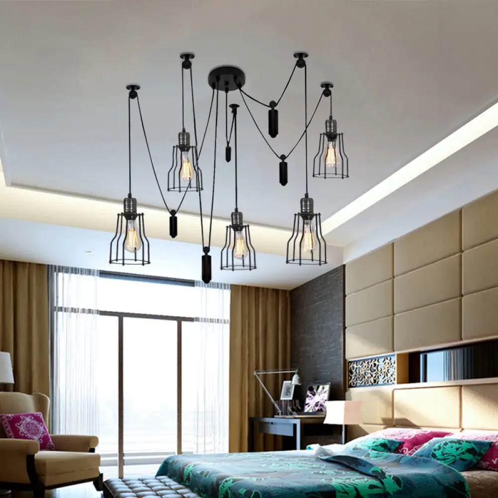 Spider Pendant Light With Wire Guard Shade - Farmhouse Style Black