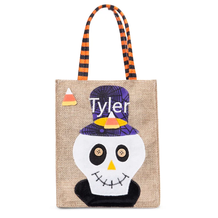 Skeleton-Personalized 1 Name Halloween Tote Bags Custom Kids Halloween Trick or Treat Candy Bags with Witch