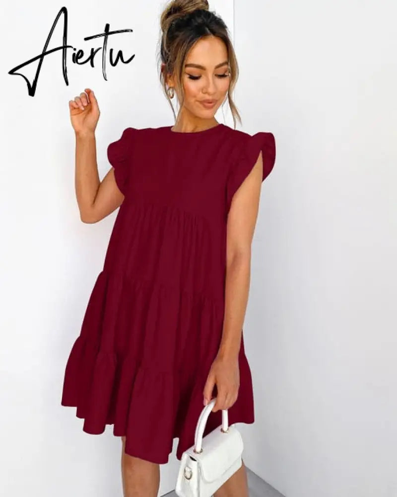 Summer Ruffle Mini Dress Women Solid Color Lady Dresses O Neck Casual Loose Dresses Butterfly Sleeve Short Dress Vestidos Aiertu