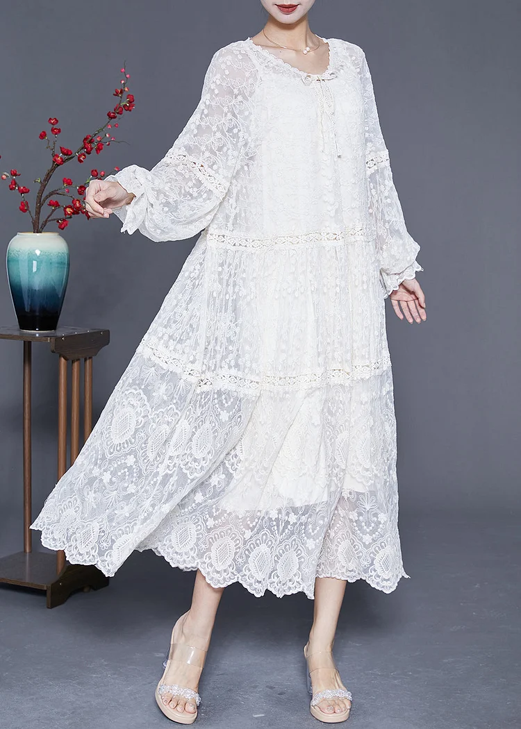 Bohemian White Embroideried Patchwork Hollow Out Lace Maxi Dress Lantern Sleeve