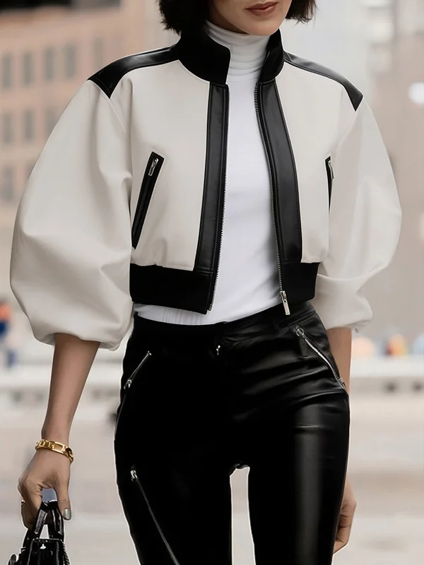 Puff Sleeves Contrast Color Split-Joint Zipper Stand Collar Jackets&Coats