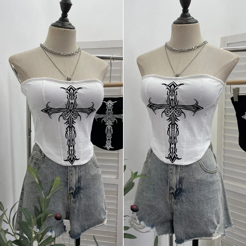 Nigikala Nigikala Cross Print Chest Vest Sling Female With Chest Cushions Anti-Slip Strip Short Babes Top 1298