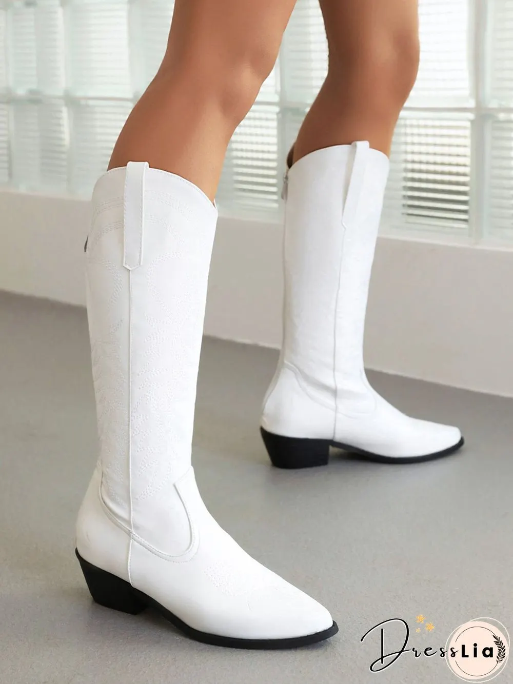 Embroidered Panel Plush Warm Pointed-Toe Cowboy Boots