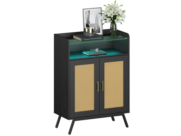 LED Buffet Cabinet with Ratten Door Storage Cabinet with Door and Glass Shelves Entryway Table with Storage Shelves, Accent Cabinet for Living Room, Bedroom, Kitchen