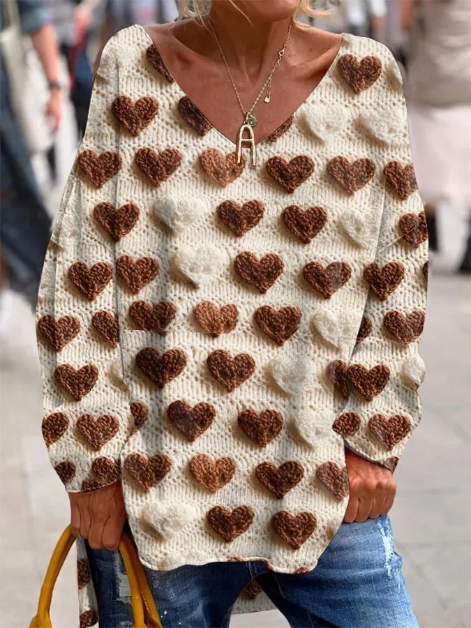 Women's Love Print French Cashmere V-Neck Top