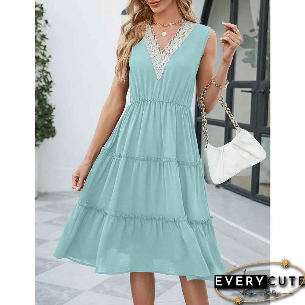 Light Blue Lace V Neck Tiered Sleeveless Casual Dress