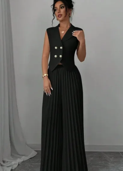 Fashion Lapel Button Vest Top And Pleated Straight Pants Set