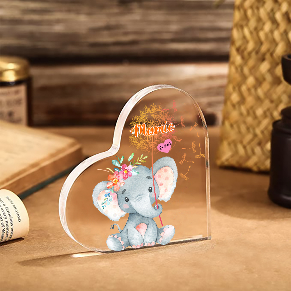 À ma Mamie - Plaque Acrylique en Forme de Cœur Éléphant 1 Prénom Personnalisé