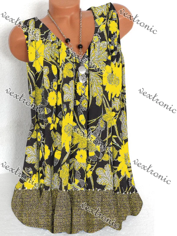 Women's Sleeveless Floral Printed Printed V-neck Tops T-shirt