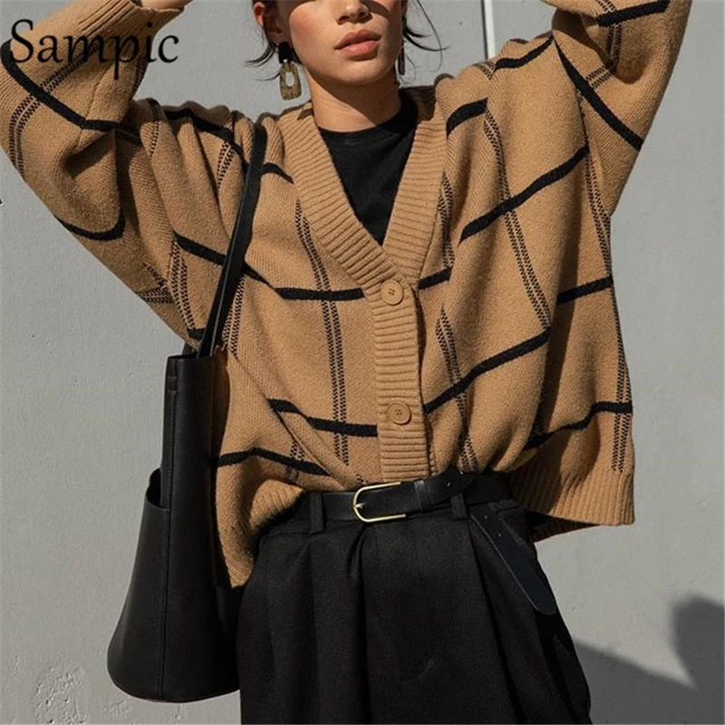 Sampic 2020 Autumn Winter Korean Casual Women Y2K Plaid Knitted Cardigans Sweater Loose Long Oversized Sweater Jumper Outwear