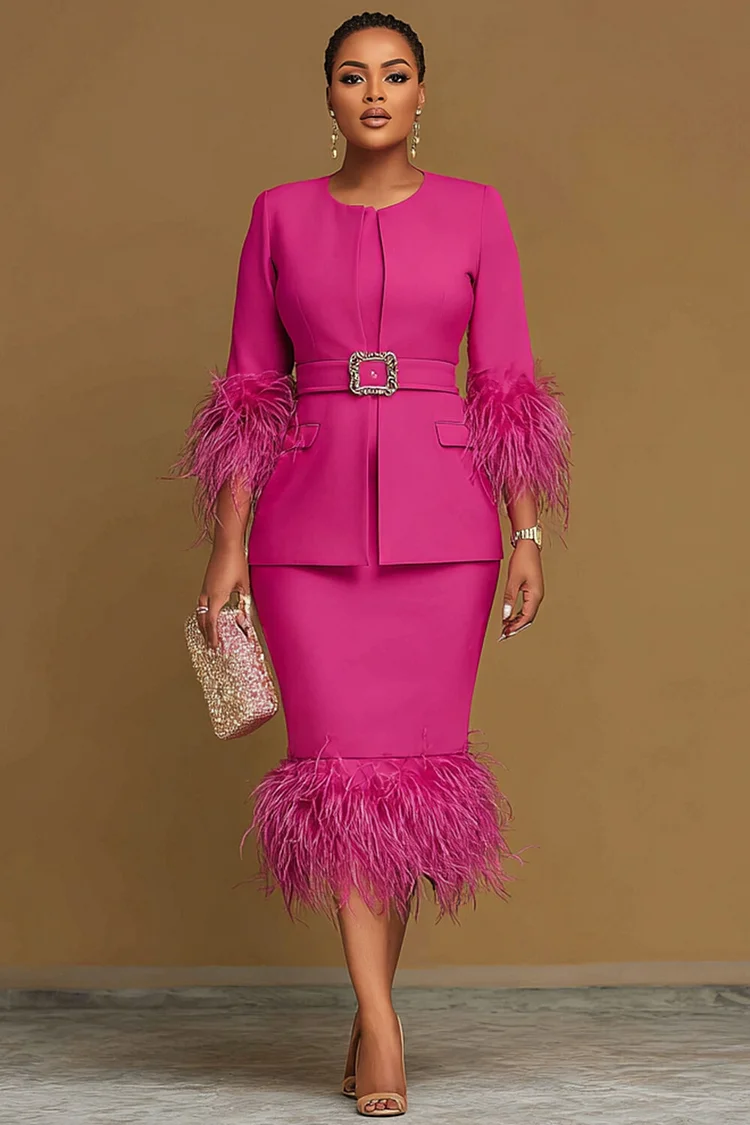 Xpluswear Design Plus Size Churchs Pink Long Sleeve Bodycon Elegant Feather Two Piece Dress Set 2024 - Xpluswear