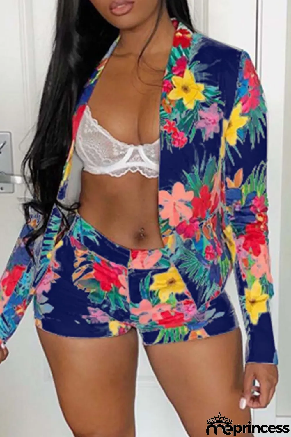 Navy Blue Fashion Casual Print Cardigan Turndown Collar Long Sleeve Two Pieces