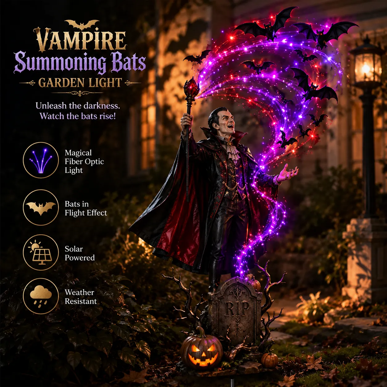 Vampire summoning glowing bats garden light