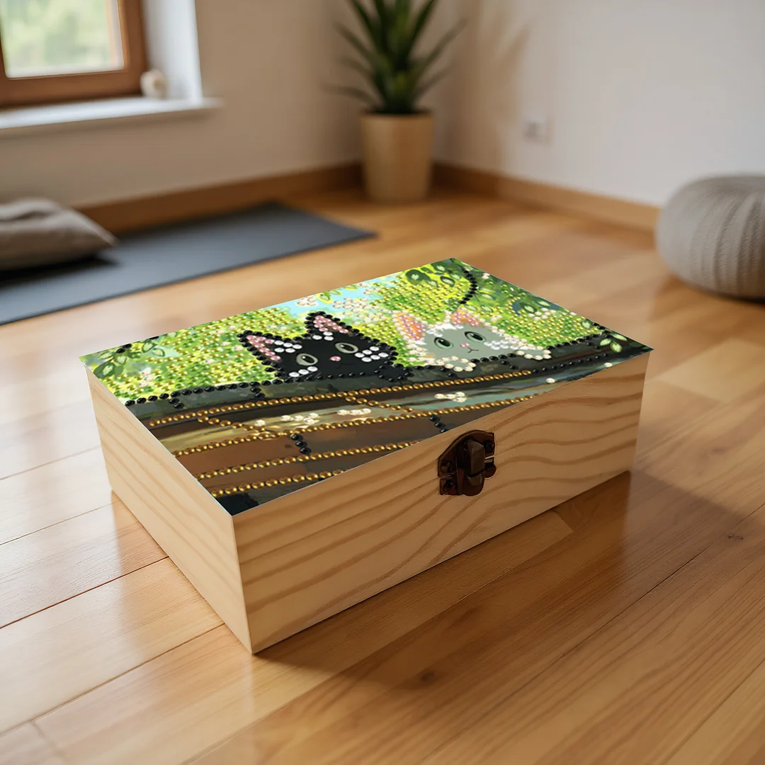 Black and White Cat DIY Wooden 5D Diamond Art Diamond Art Storage Box for Adults