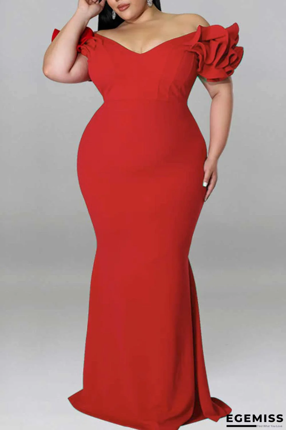 Red Sexy Solid Patchwork V Neck Evening Dress Plus Size Dresses | EGEMISS