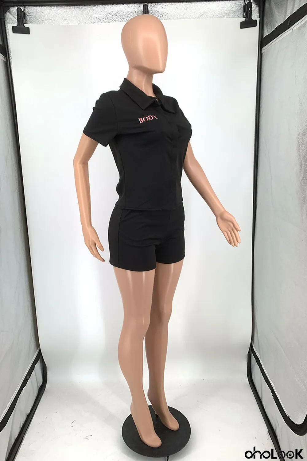 Water Blue Casual Print Letter Turndown Collar Short Sleeve Two Pieces