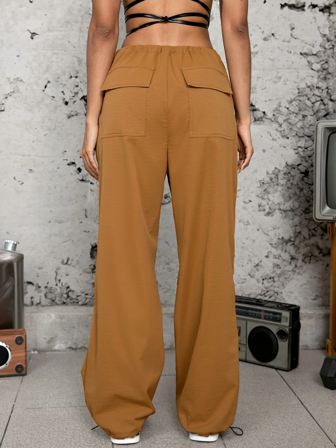 Solid Drawstring Waist Parachute Pants