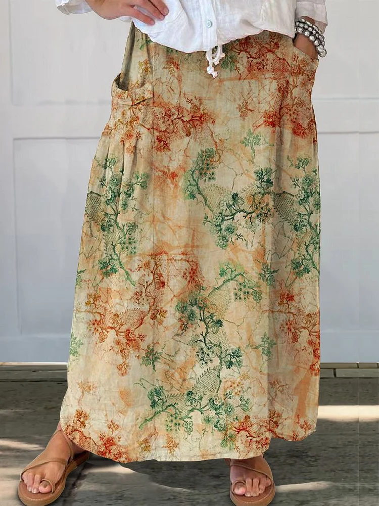 Women's  Floral Print Linen Pocket Skirt