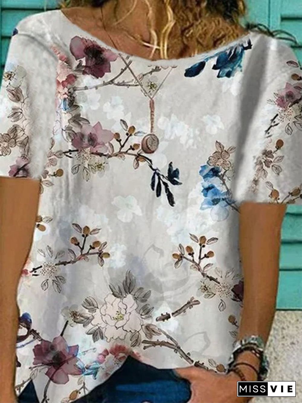 Cotton Printed Casual Crew Neck Tops