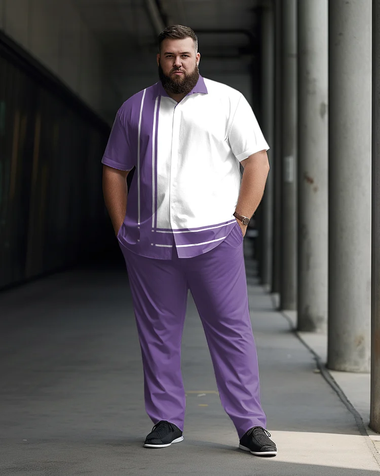 Plus Size Men's Purple Panel Print Short Sleeve Walking Suit