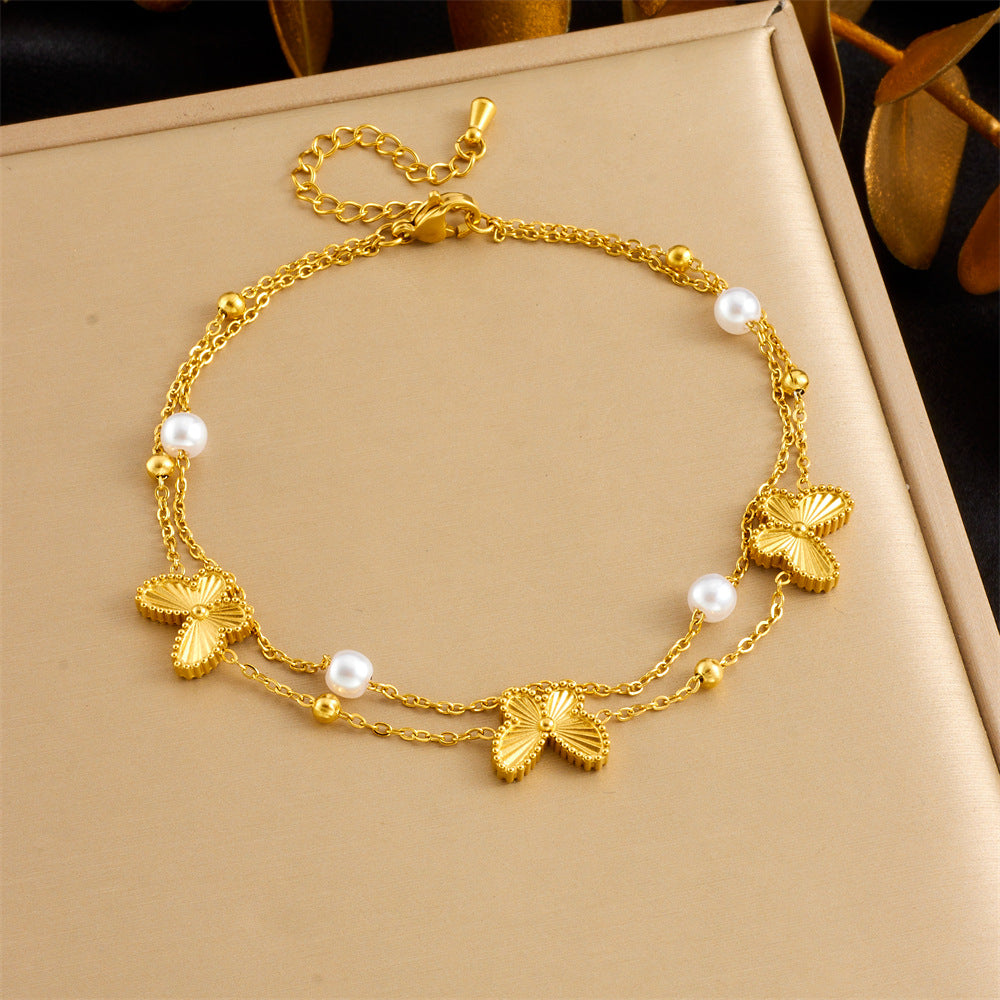 Fashionable And Simple Colorful Fine Glitter Shell Butterfly Double Layered Beach Style Stainless Steel Chain Pearl Starfish Anklet
