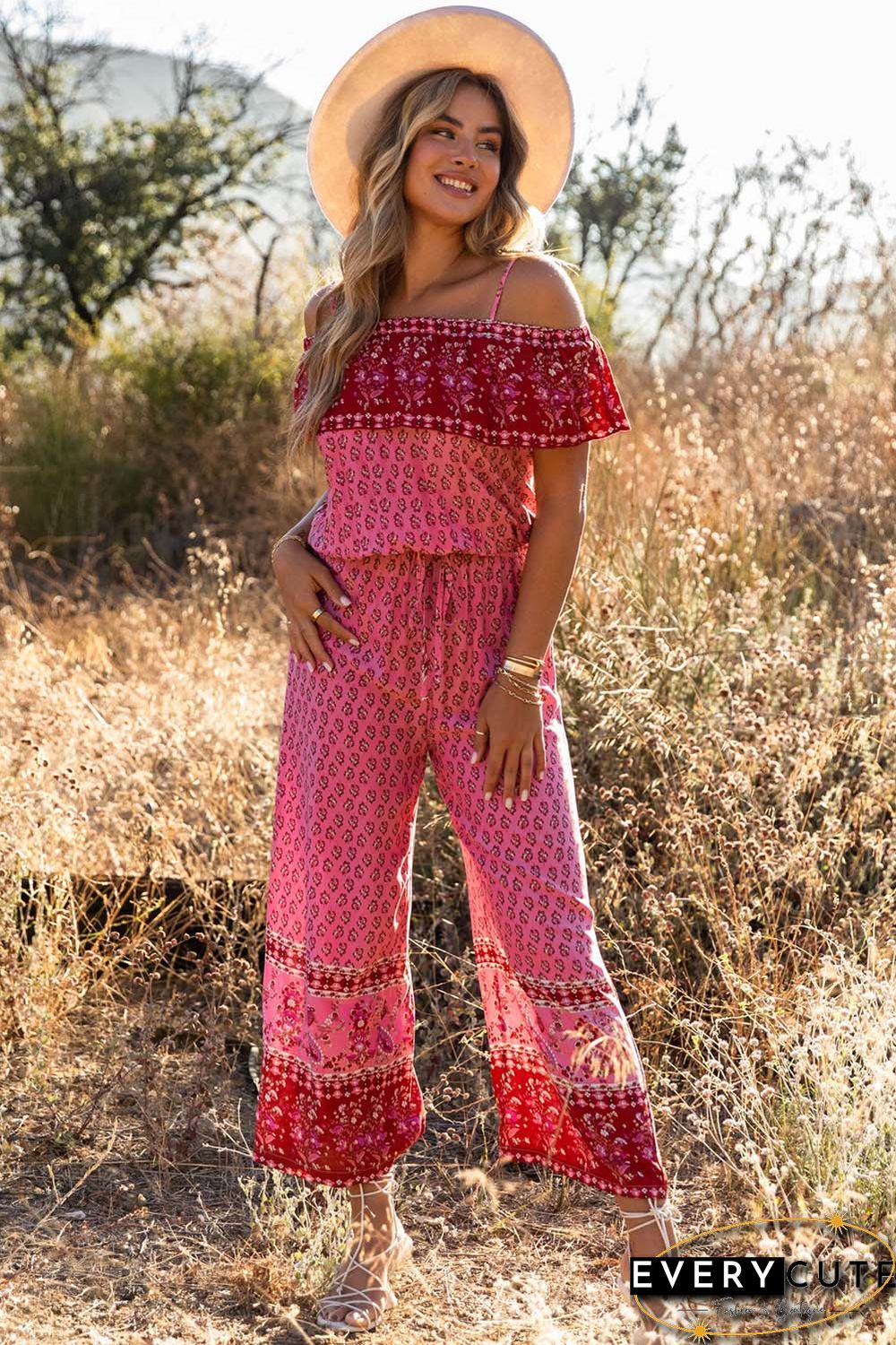 Red Pattern Print Spaghetti Strap Ruffled Wide Leg Jumpsuit