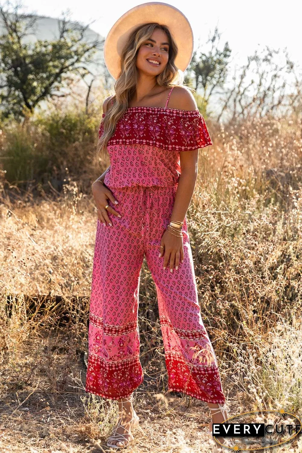 Red Pattern Print Spaghetti Strap Ruffled Wide Leg Jumpsuit
