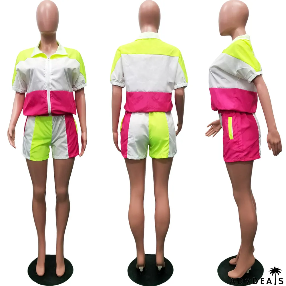 Turndown Collar Casual Sports Contrast Patchwork Half-Sleeve + Shorts Suit Women