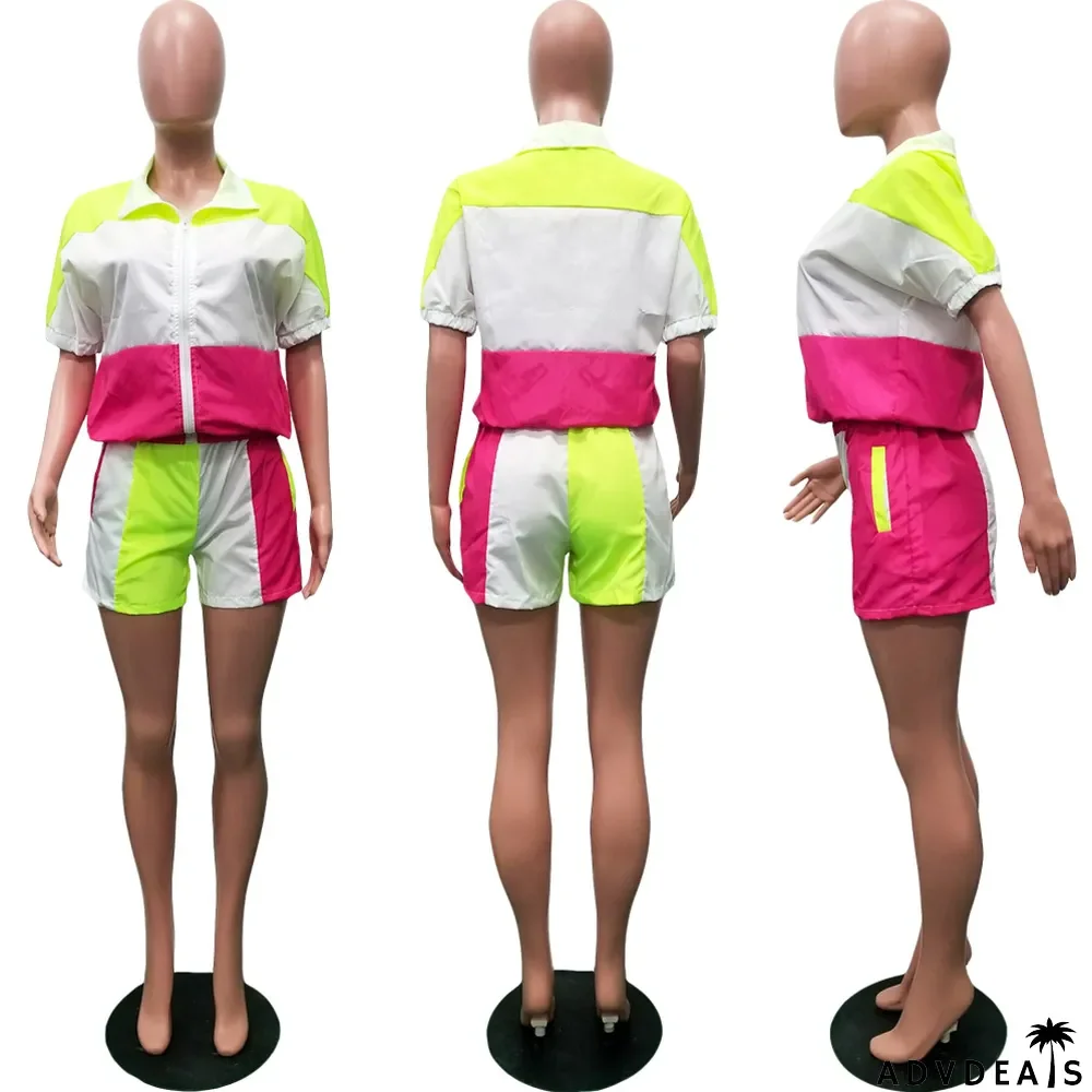 Turndown Collar Casual Sports Contrast Patchwork Half-Sleeve + Shorts Suit Women