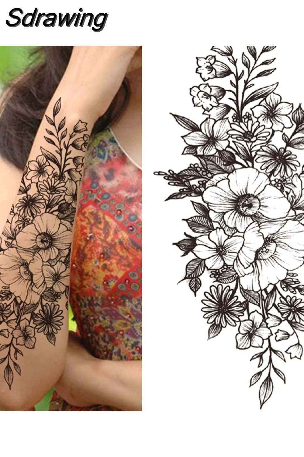 Sdrawing Fake Peony Temporary Tattoos For Women Girl Black Rose Elephant Flower Tattoo Sticker Tiger Anemone Tatoos Half Sleeve 521-1