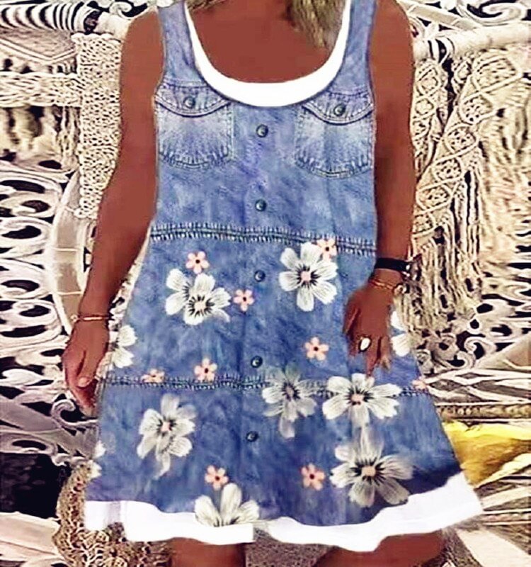 Women 2022 Loose Boho Vintage False Denim Ruffles Pocket Button Dress Large Big Summer Elegant Party Beach Dresses Plus Sizes