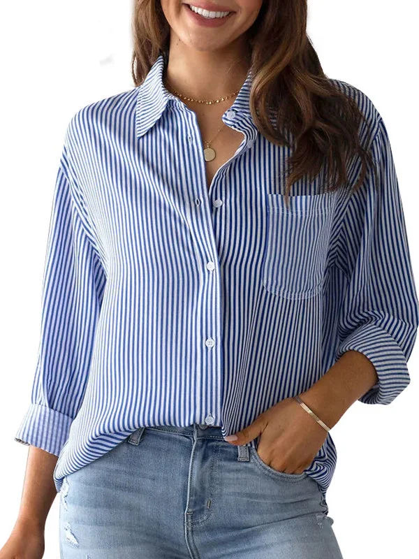 Women plus size clothing Women's Long Sleeve V-neck Striped Tops-Nordswear