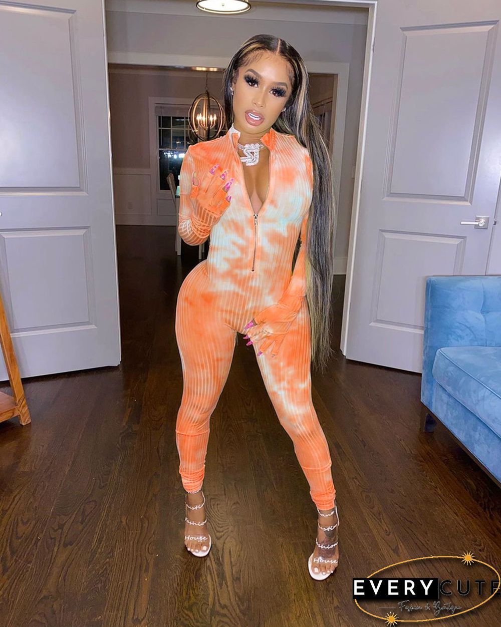 High Neck Tie-dye Zipper Slim Fit Fitness Jumpsuit