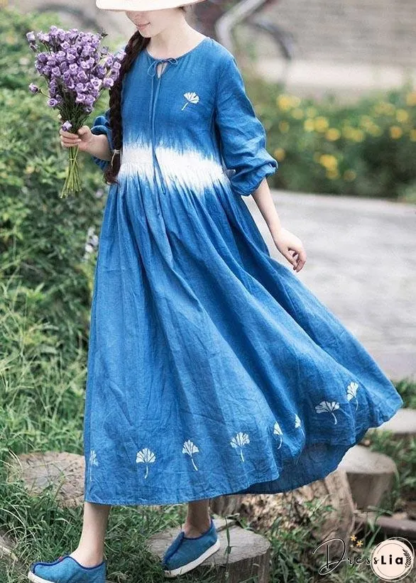 Organic Blue Print Tunic O Neck Cinched Art Dress