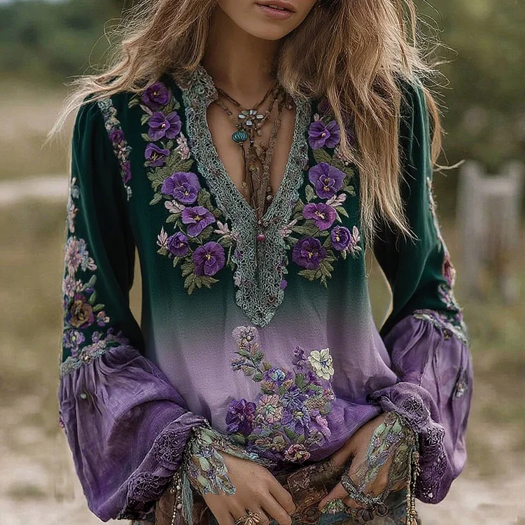 Vintage Classy Gradient Purple Pansy Embroidered Art Linen Long Sleeve Blouse