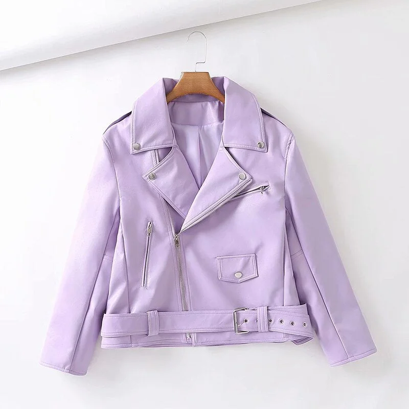 FTLZZ Spring Autumn Women Faux Leather Jacket Streetwear Lapel Oversized Purple Pu Leather Loose Coat with Belt Lady Outwear