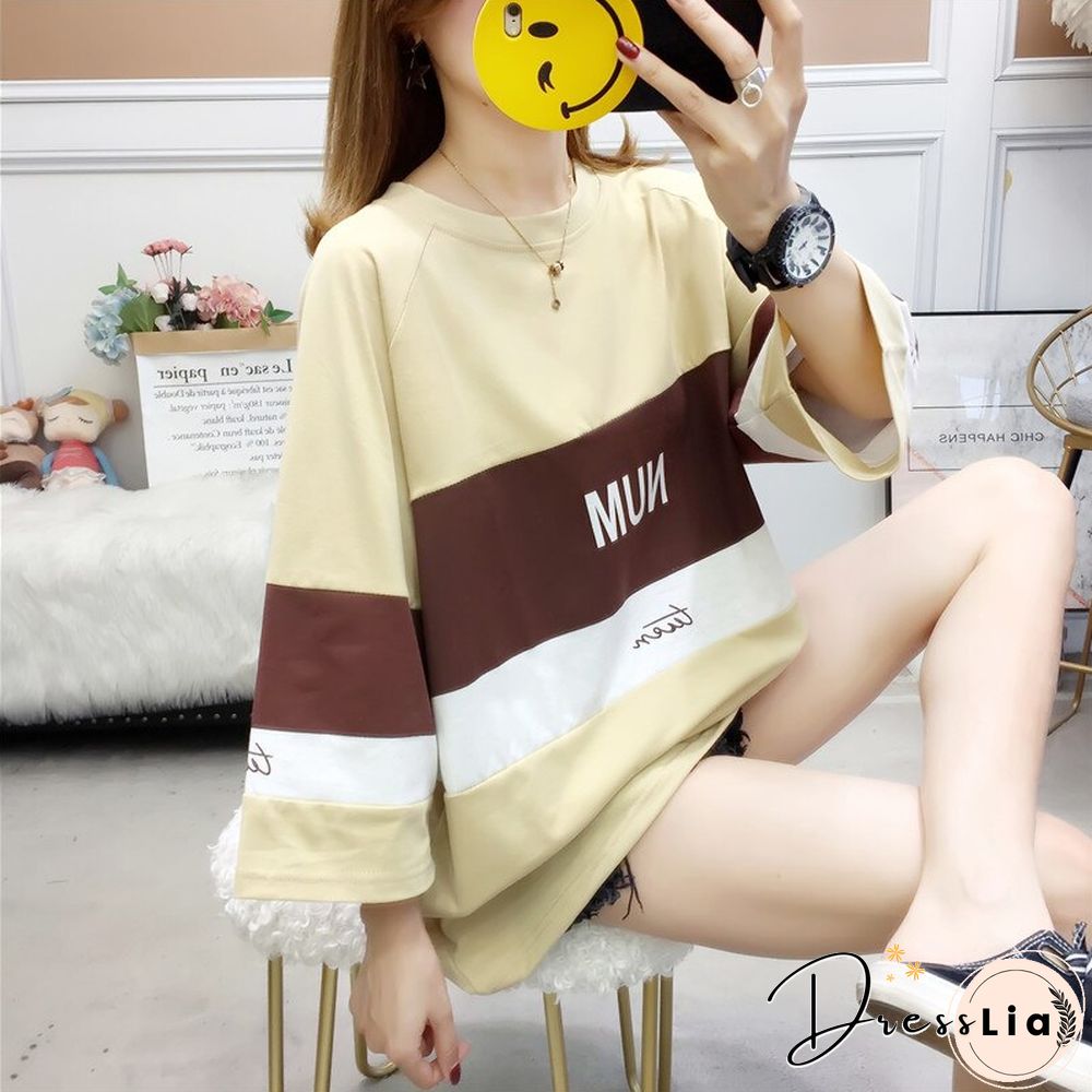 Summer Print Stripe T Shirt Women Long Sleeve Casual Elegant Ladies Tops O Neck Student Clothes Korean Street Wear New