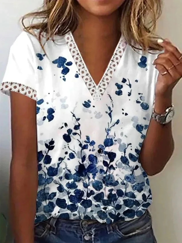 Printed Lace V-neck Short Sleeved T-shirt Top