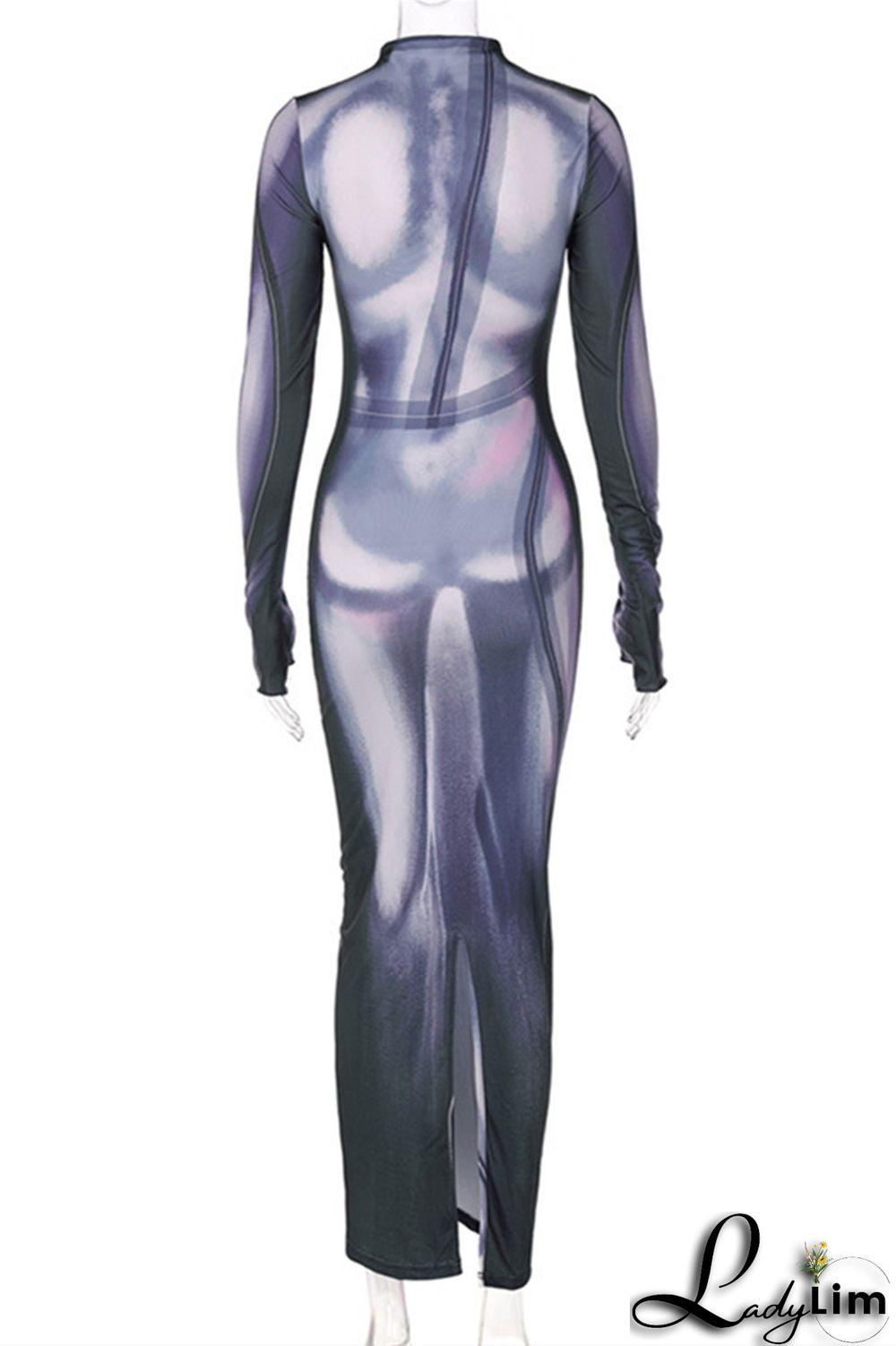 Black Fashion Casual Print Slit O Neck Long Sleeve Dresses