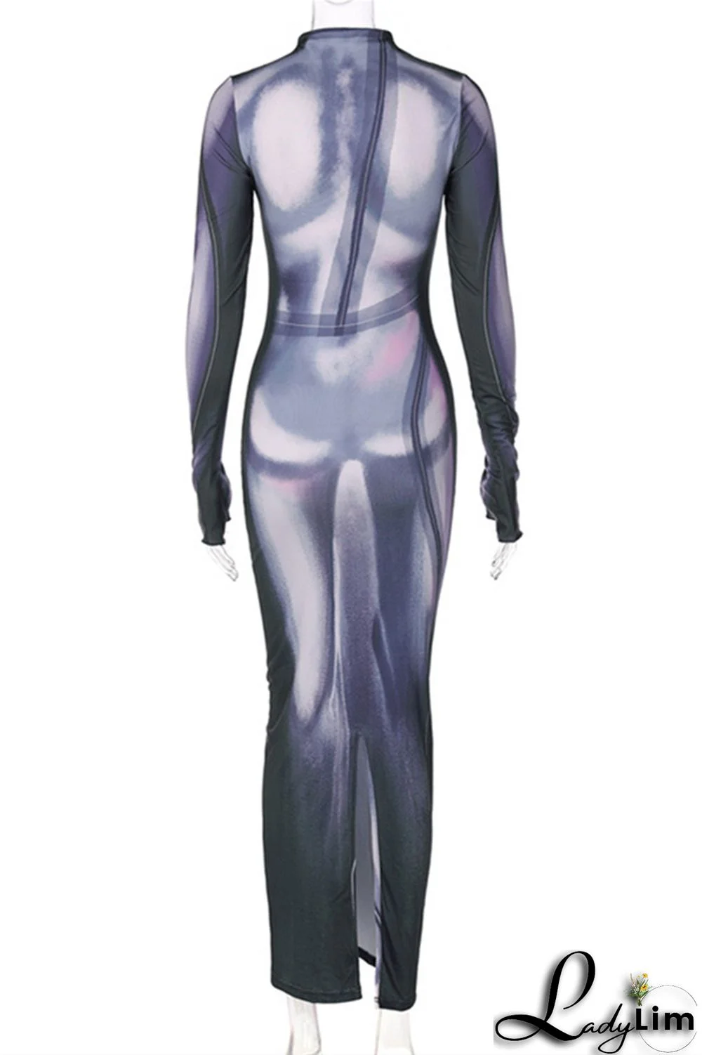 Black Fashion Casual Print Slit O Neck Long Sleeve Dresses