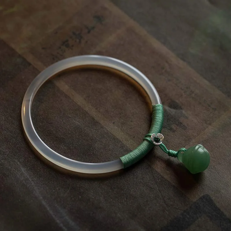 Natural Chalcedony Green Aventurine Lotus Bell Blessing Bracelet Bangle
