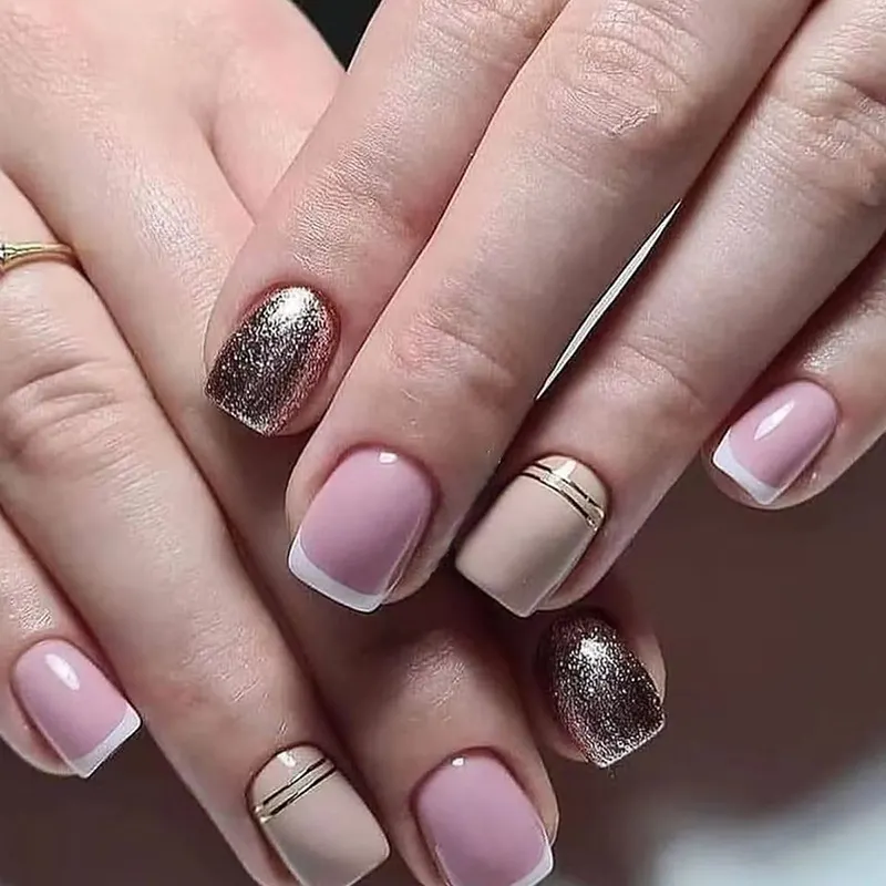 Churchf Churchf Simple French Nail Champagne Flash Pink Gold Foil Pearl Fake Nails Ins Wind Wear Armor