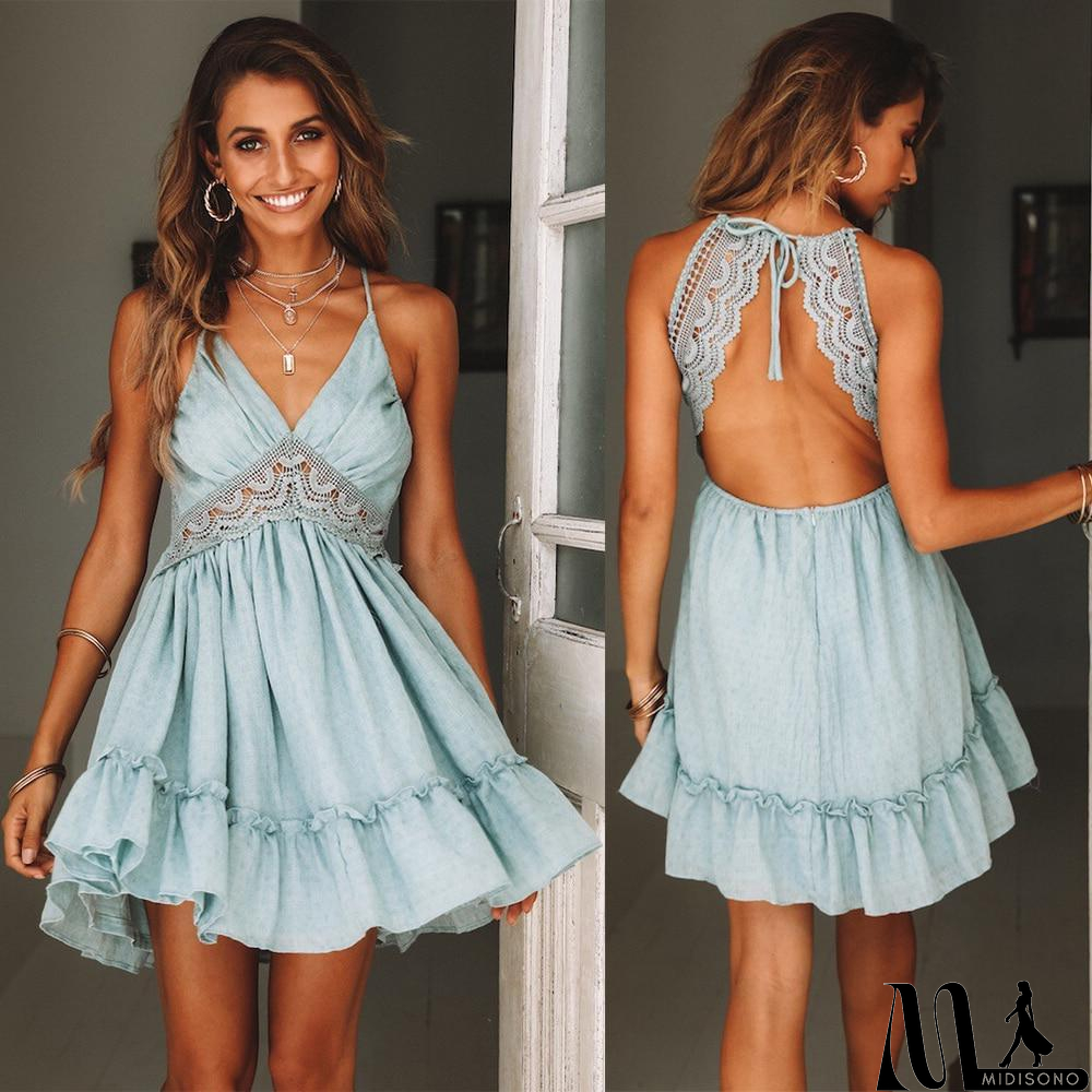 MidiSono - Boho Vrouwen Jurken Spaghetti Strap Backless Elegante Beach Zonnejurk