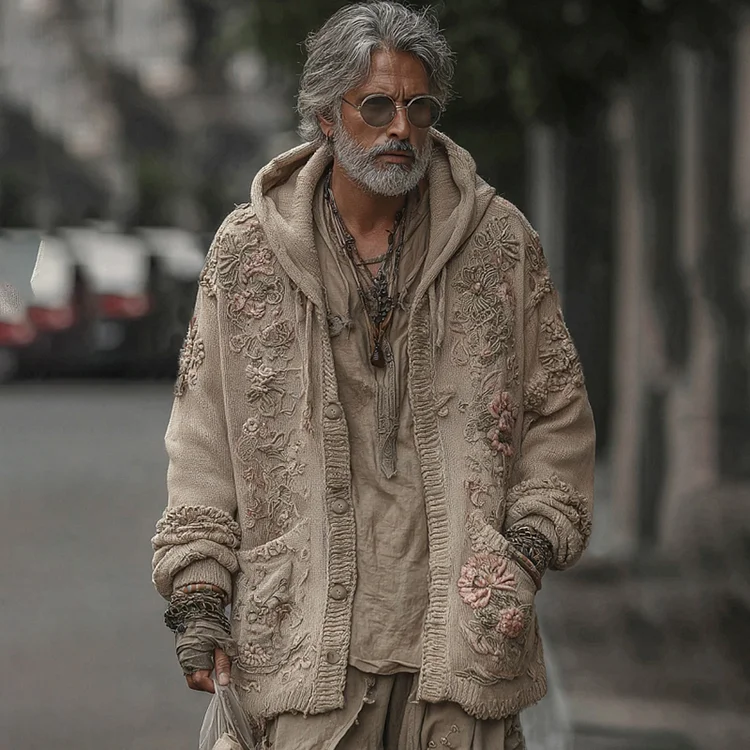 Men's Vintage Floral Art Jacquard Button Cardigan Sweater