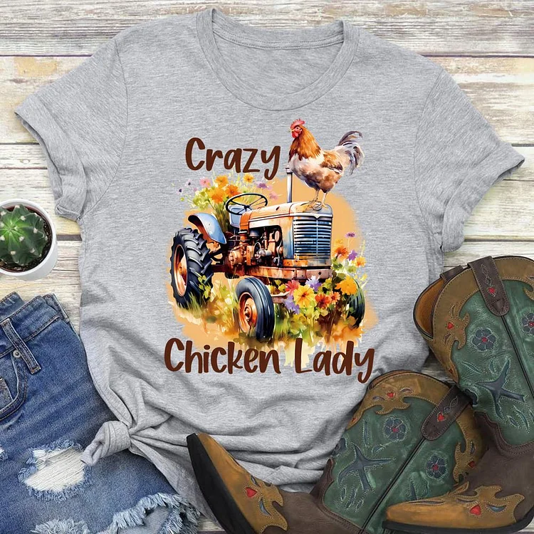 Farm Crazy Chicken Lady Round Neck T-shirt-0019129