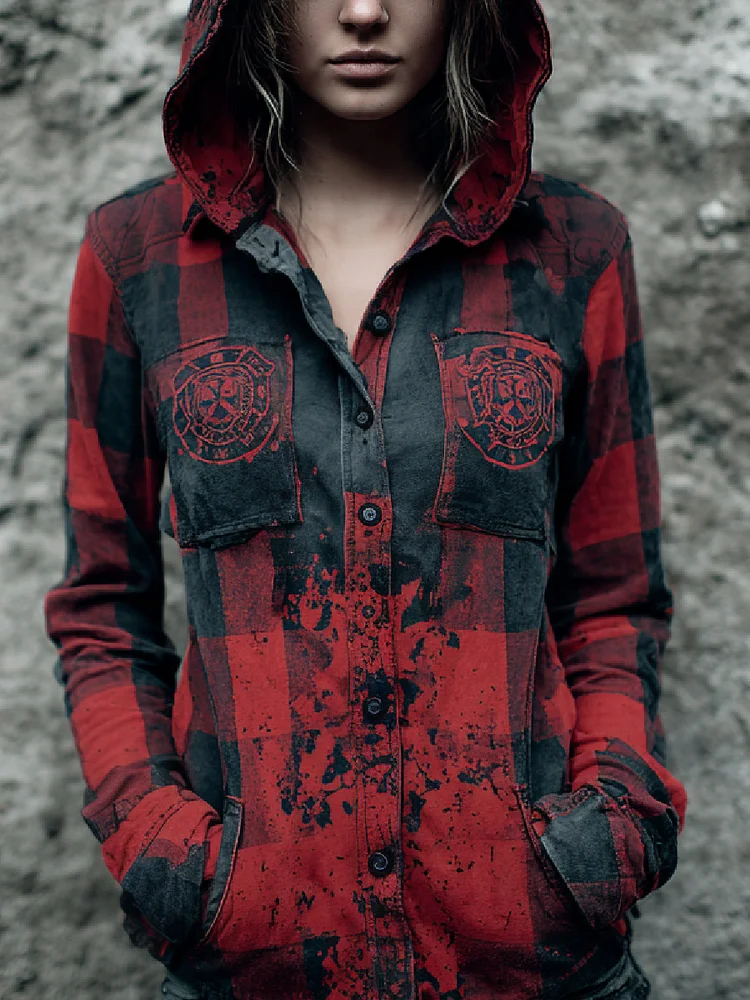 Bloodstained Vintage Check Long Sleeve Hooded Button Shirt